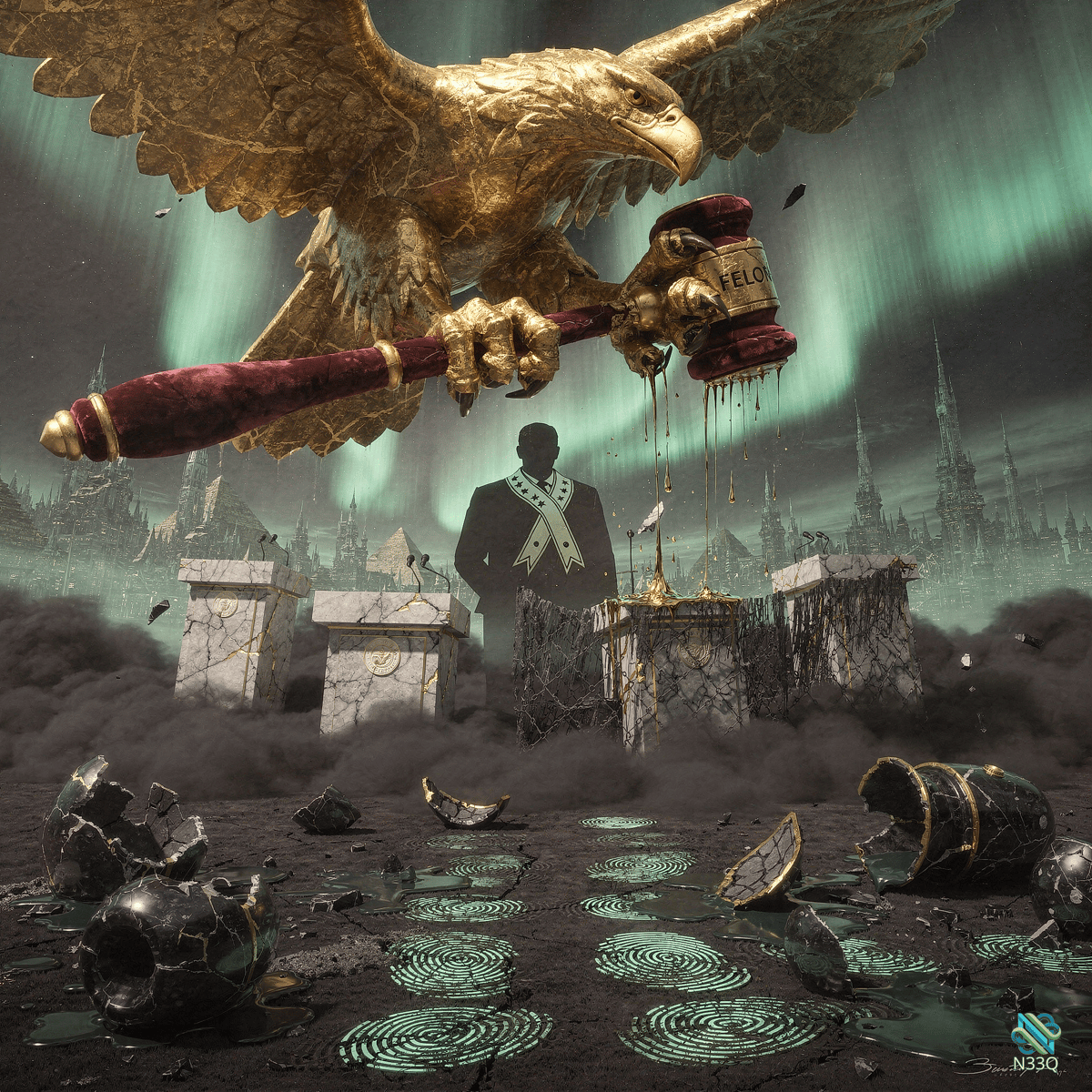 Golden Eagle Holding Felon Gavel Over Ruins