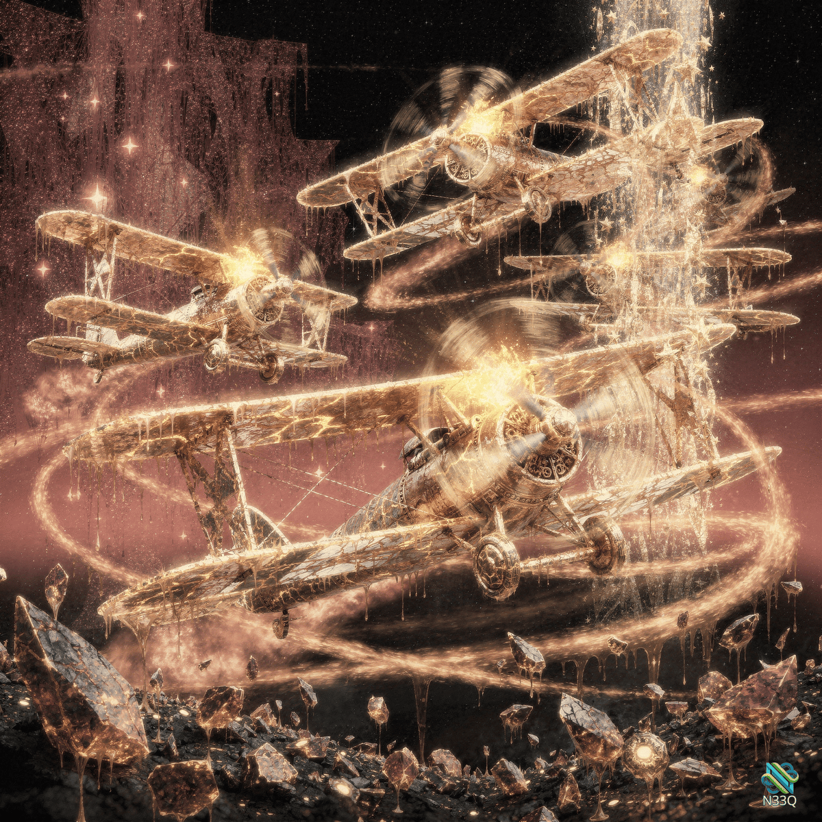 Glowing Biplanes Swirling in Golden Vortex