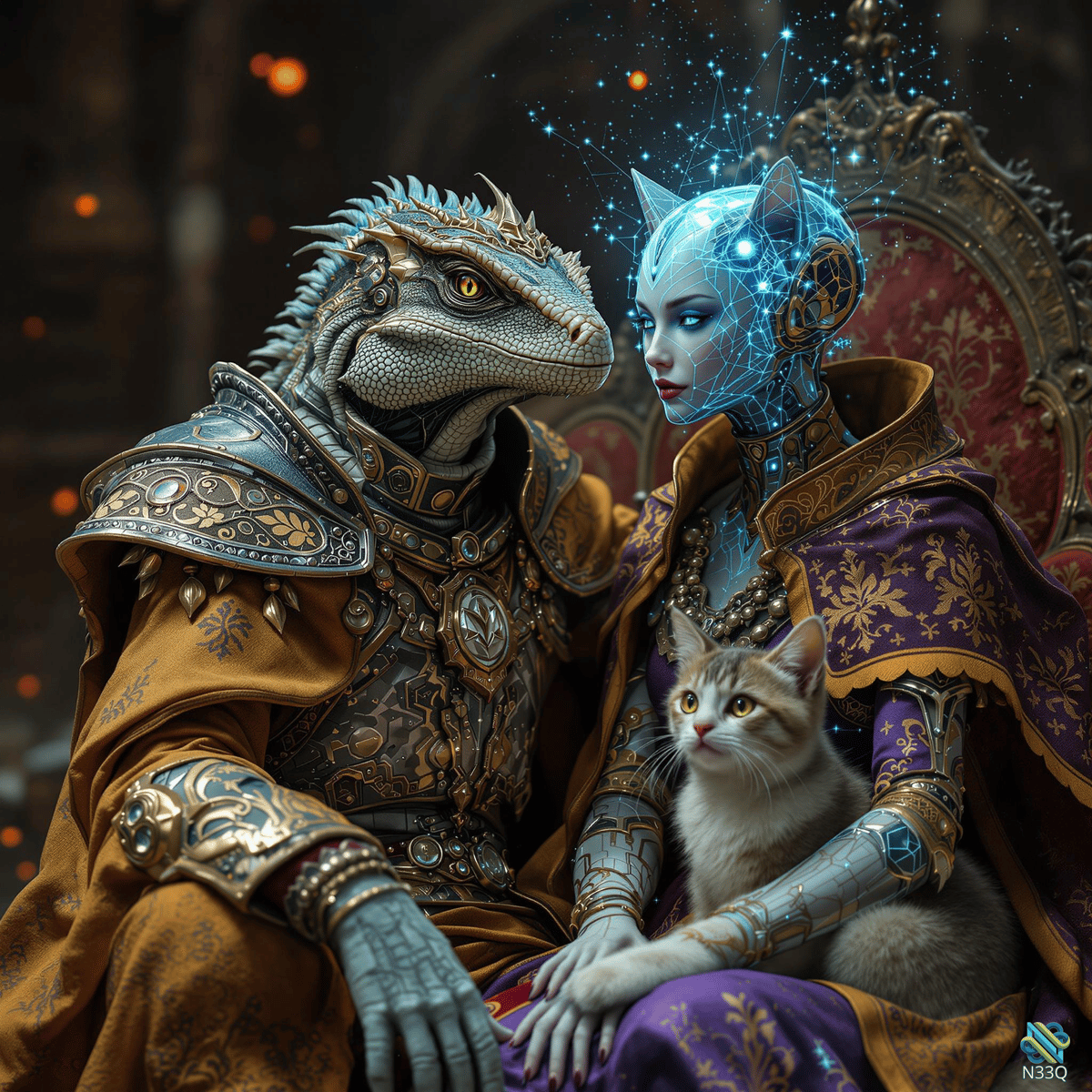 Lizard Warrior and Cyber Catwoman with Cat