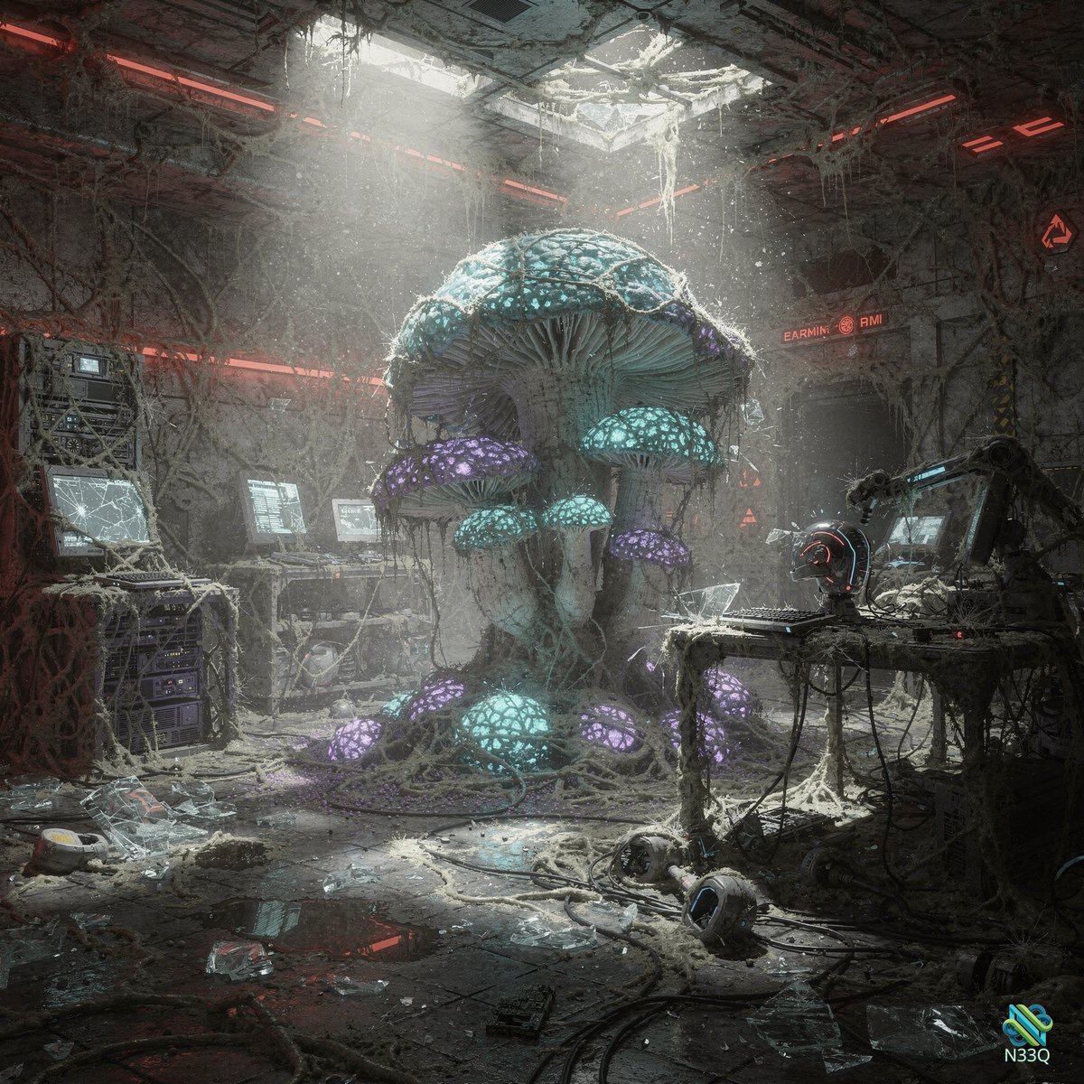 Glowing Mushrooms in Abandoned Server Room