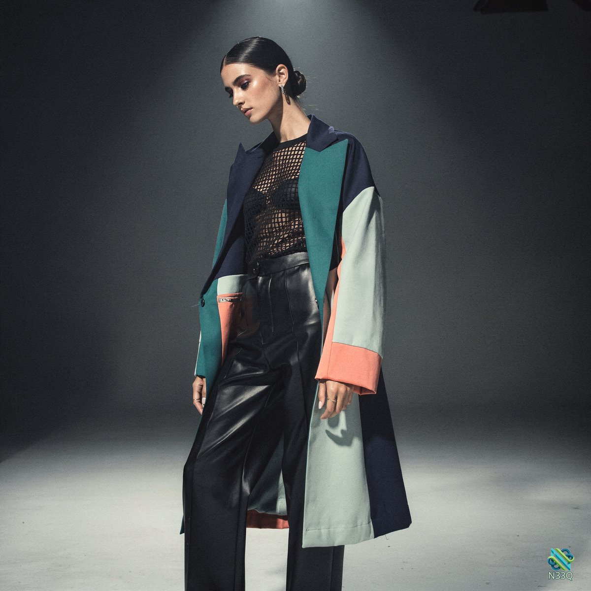 Woman in Color-Block Patchwork Coat