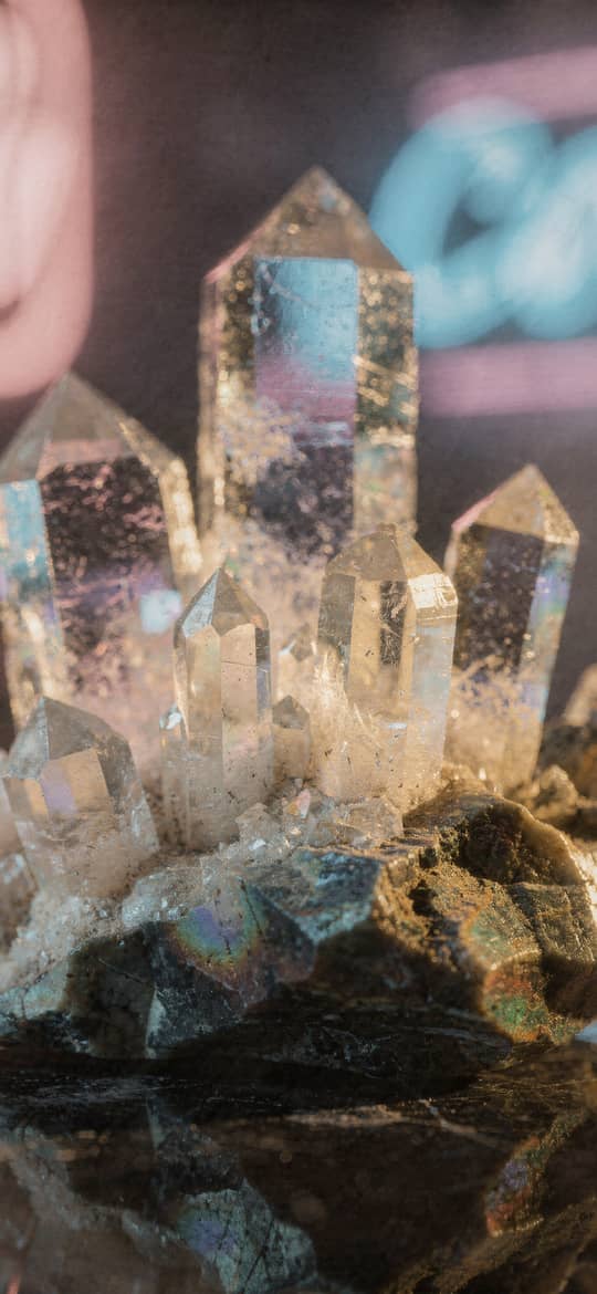 Iridescent Quartz Crystal Cluster with Neon Glow