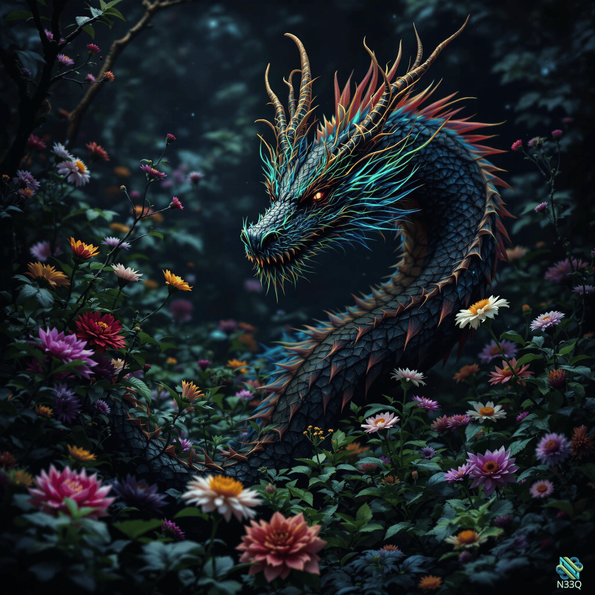 Dragon Coiled in Vibrant Flower Garden