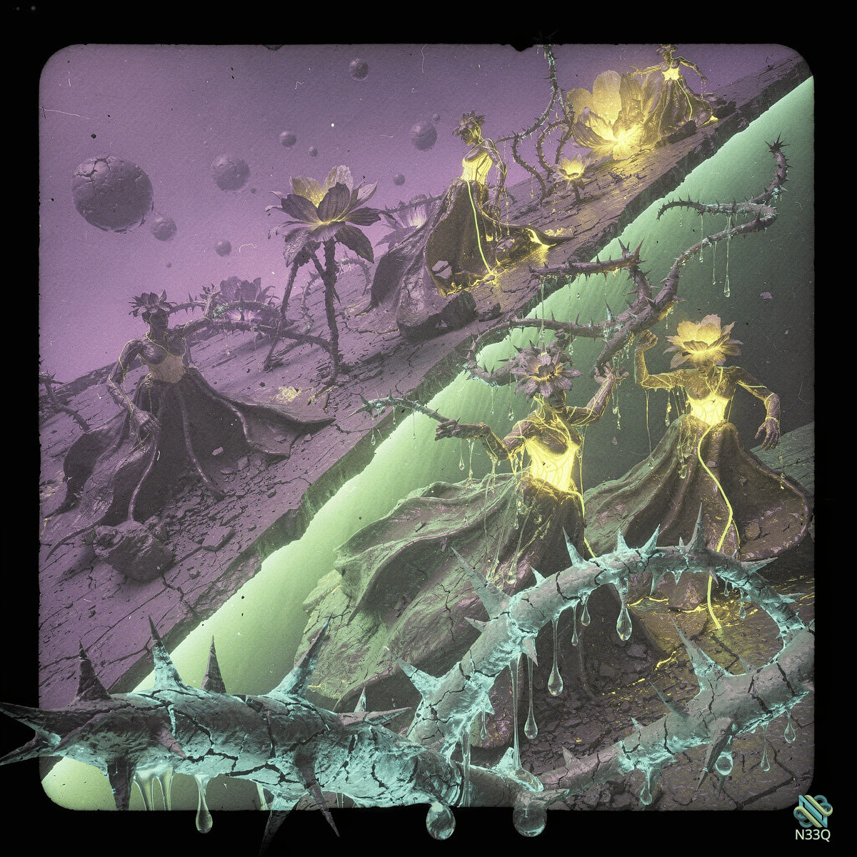 Glowing Figures on Cracked Floating Platforms
