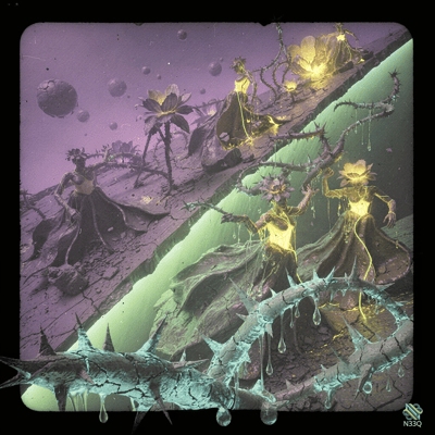 Glowing Figures on Cracked Floating Platforms