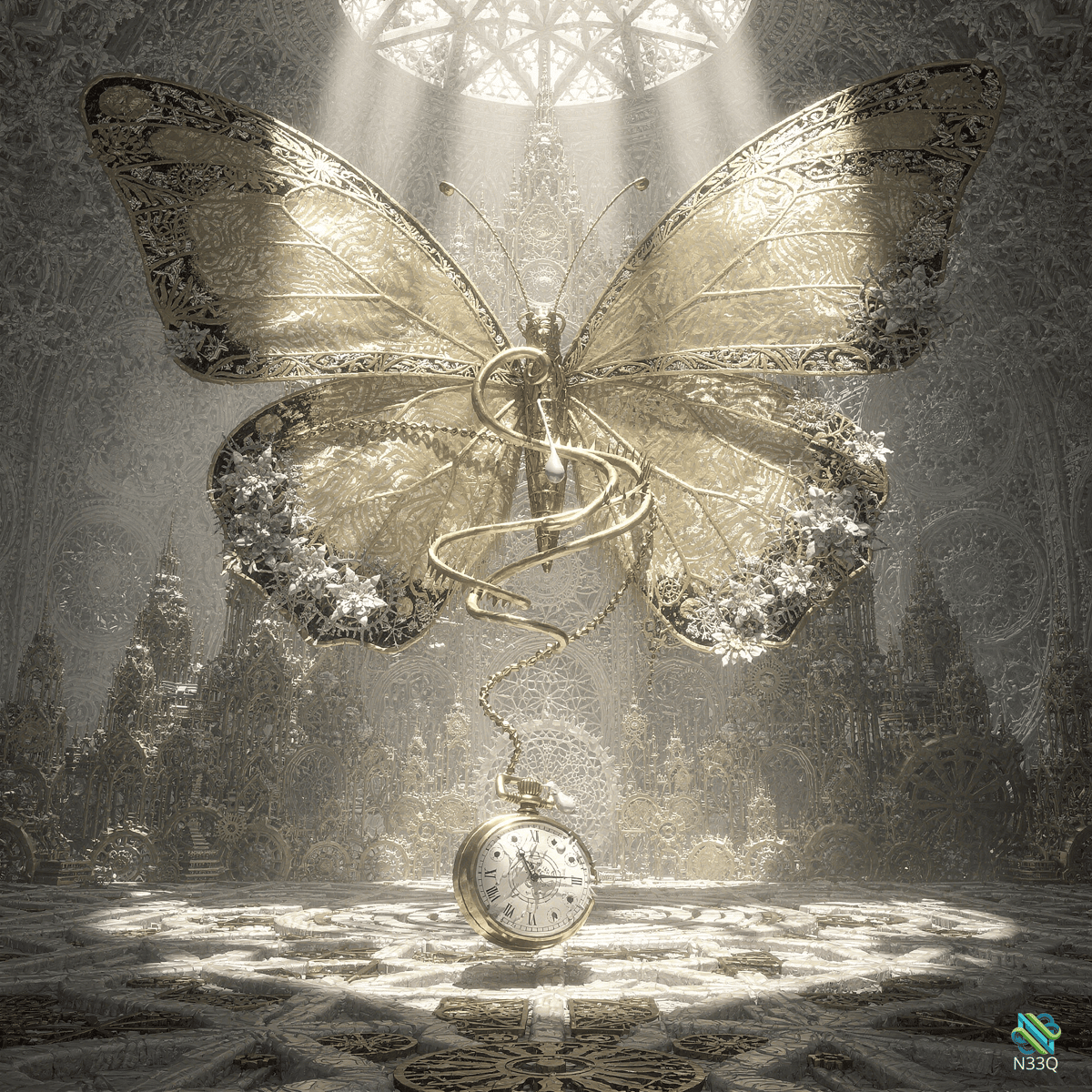 Golden Butterfly with Hanging Pocket Watch