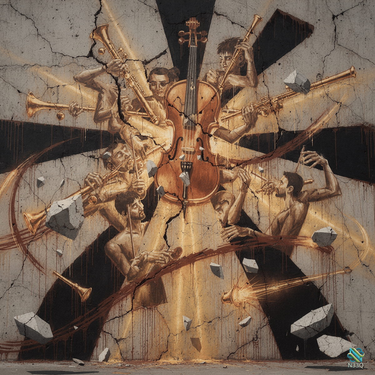 Shattered Musicians Around Central Cello