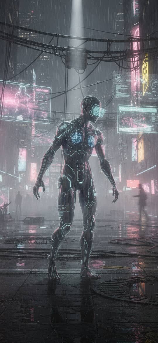 Glowing Cyborg in Rainy Neon City