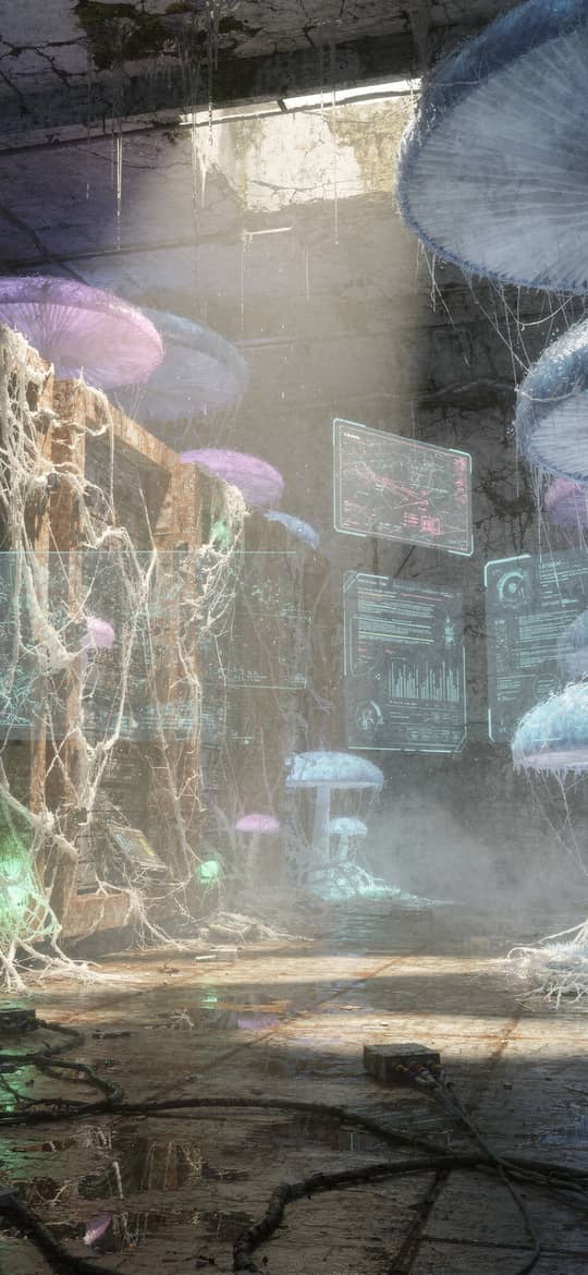 Bioluminescent Mushrooms in Abandoned Industrial Corridor