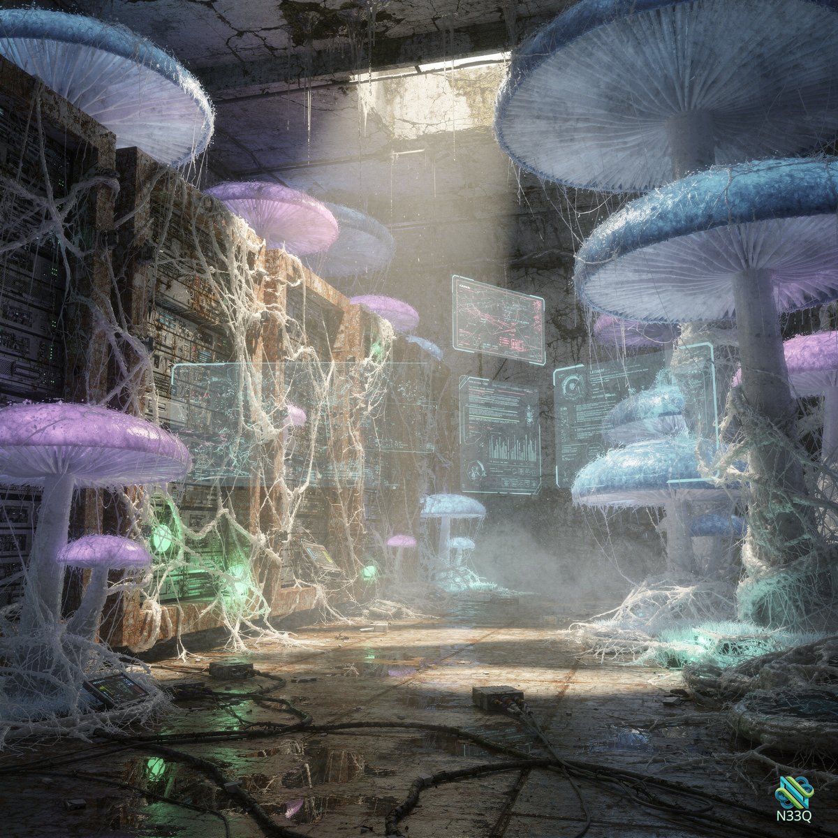 Bioluminescent Mushrooms in Abandoned Industrial Corridor