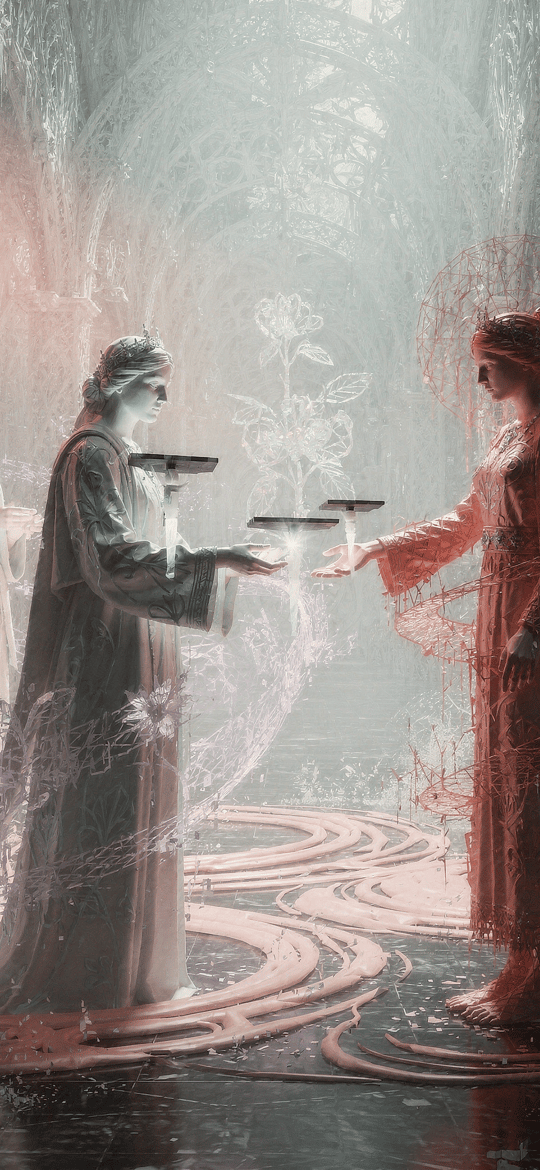Robed Figures Exchanging Bowls in a Misty Glass Hall