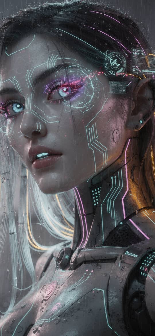 Cyberpunk Cyborg Woman in Neon Rain