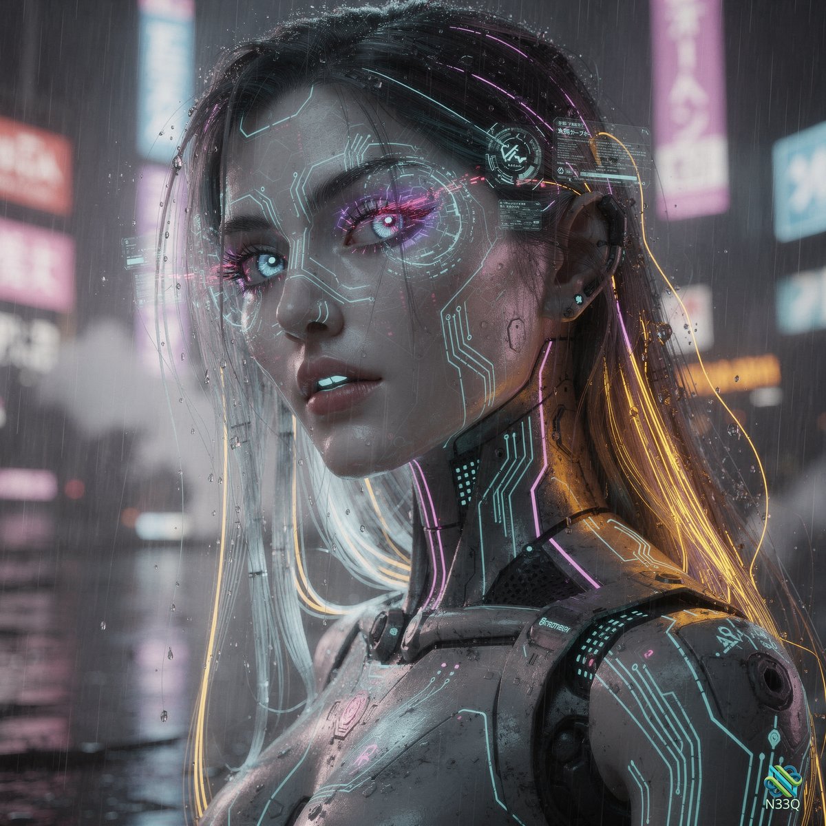 Cyberpunk Cyborg Woman in Neon Rain