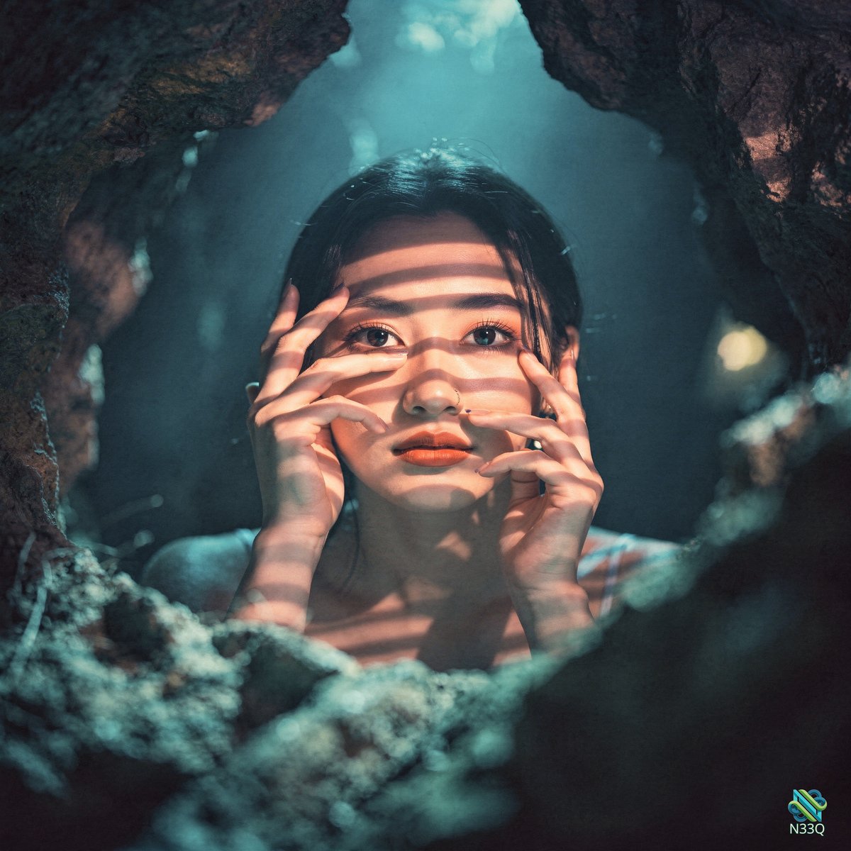 Woman in Rocky Cave with Striped Shadows