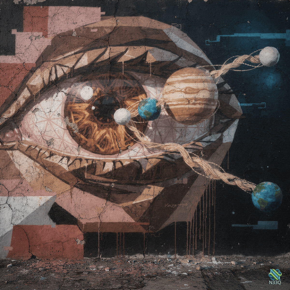 Giant Eye Mural with Planets and Ropes