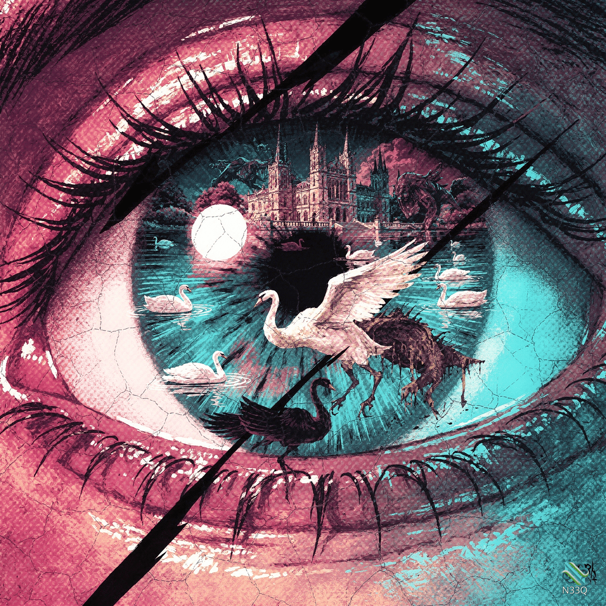 Cracked Eye with Swans and Dragon