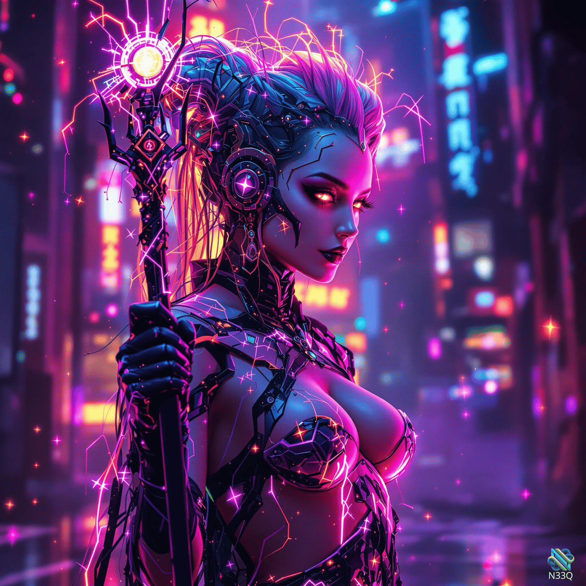 Neon Cyborg Woman Holding Energy Staff