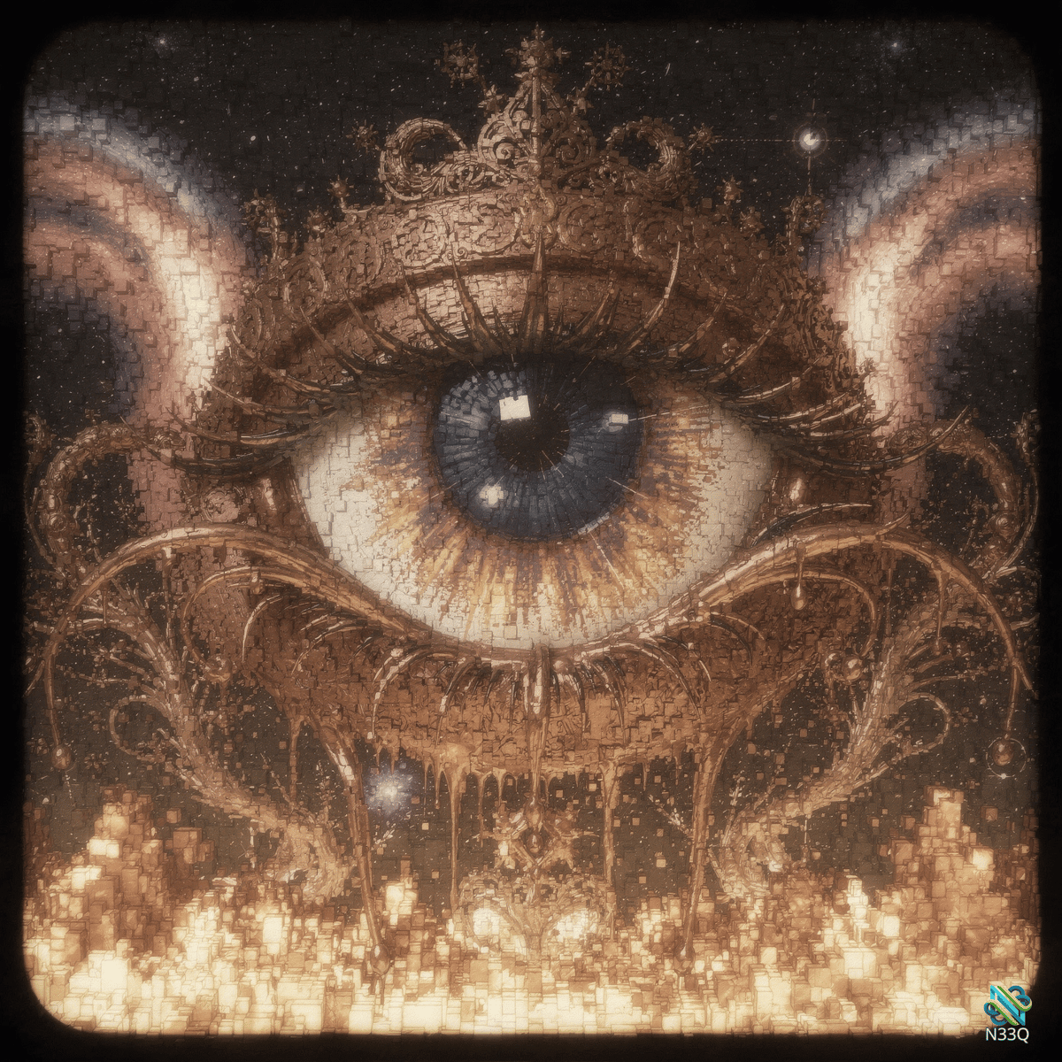 Ornate Crowned Eye Over Pixel City