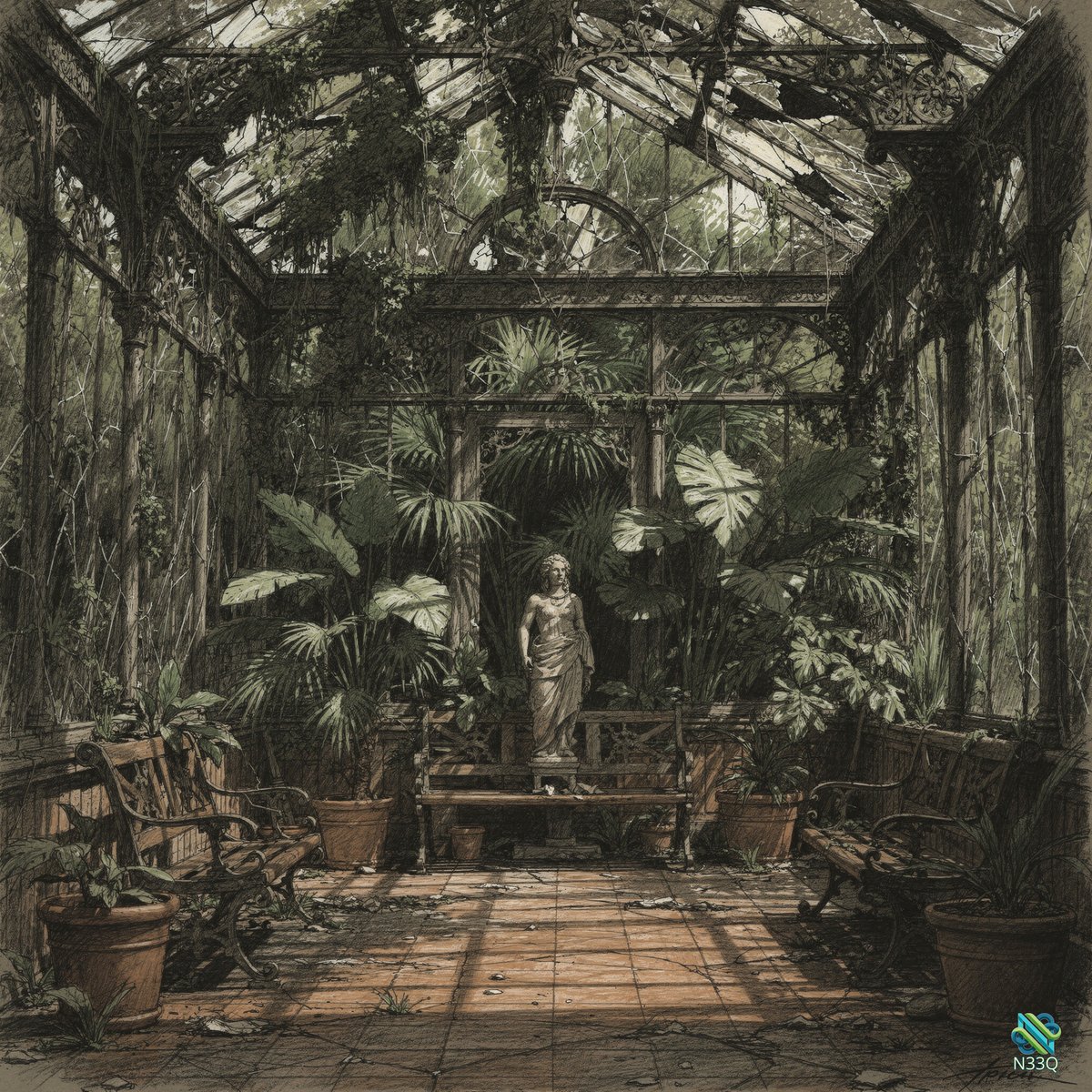 Statue in Overgrown Dilapidated Greenhouse