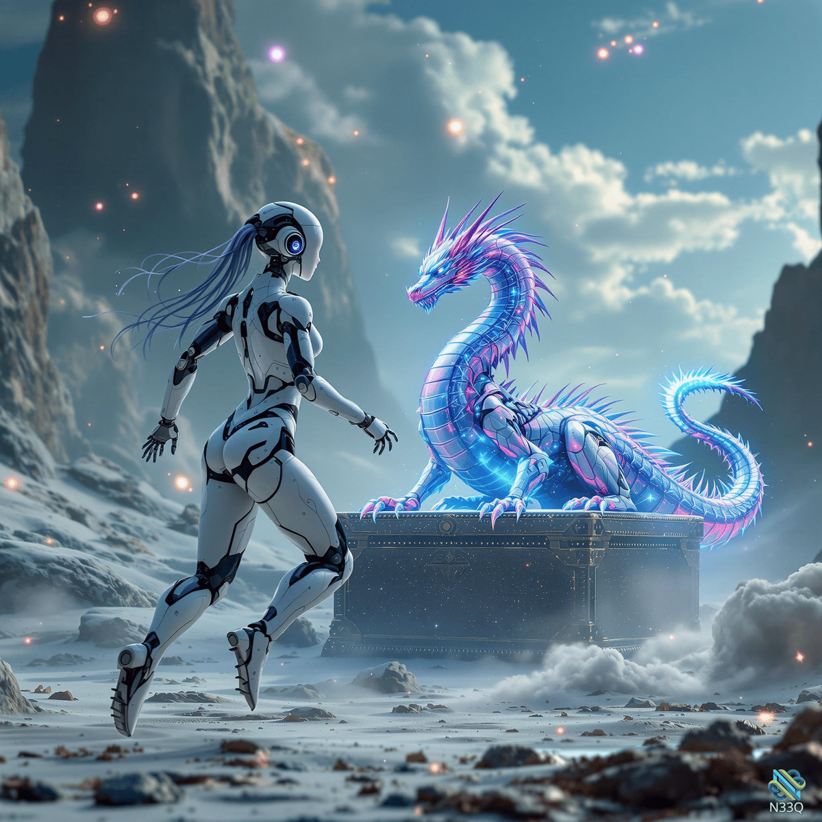Cyborg Woman Meets Crystal Dragon on Chest