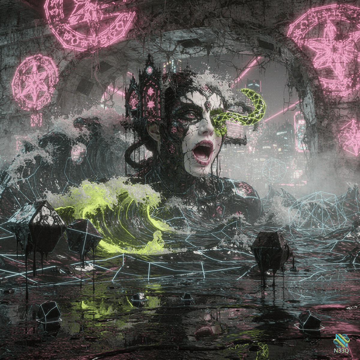 Neon Masked Woman in Flooded Ruins