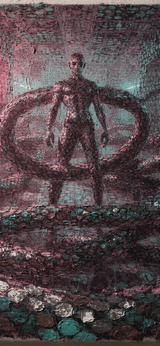 Man Coiled by Serpents in a Pink and Teal Corridor