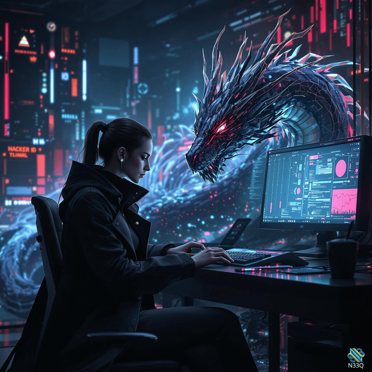 Hacker Facing Neon Cyber Dragon