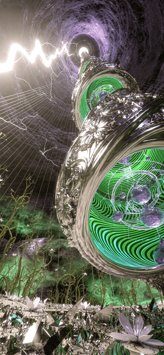 Silver Portal Rings of Green Spirals Under Lightning