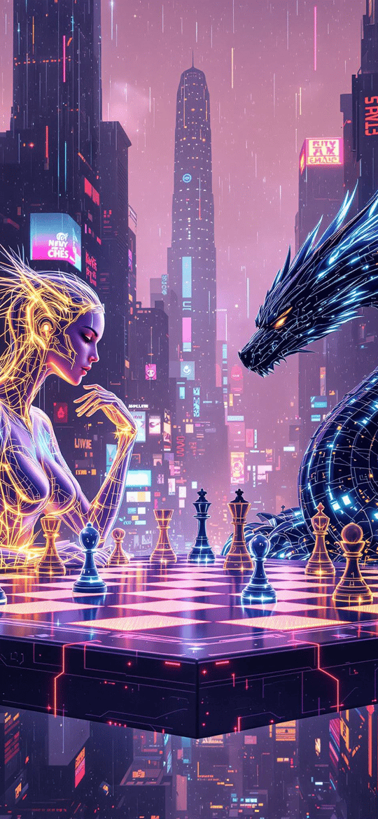 Neon Woman and Digital Dragon Play Chess