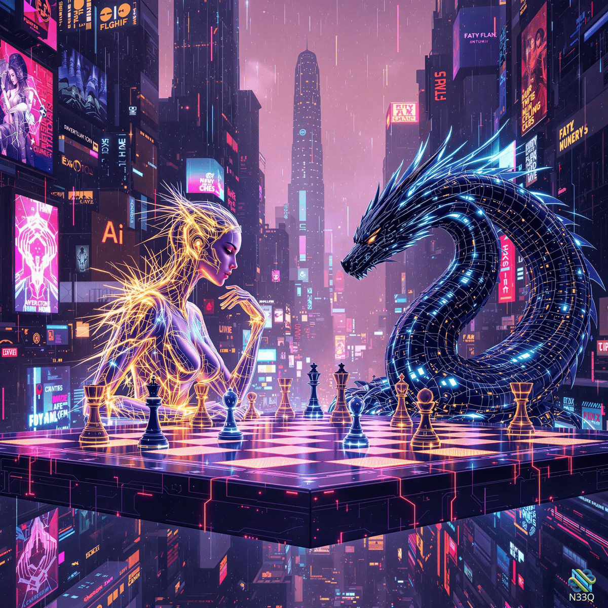 Neon Woman and Digital Dragon Play Chess