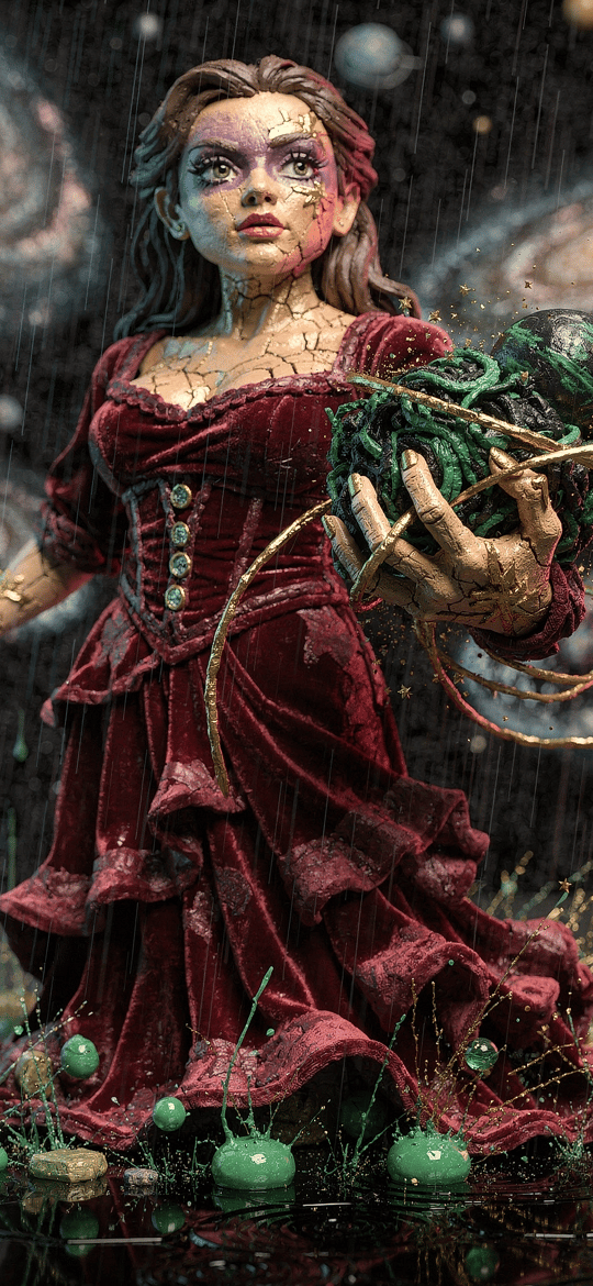 Cracked Woman Holding Ringed Green Planet