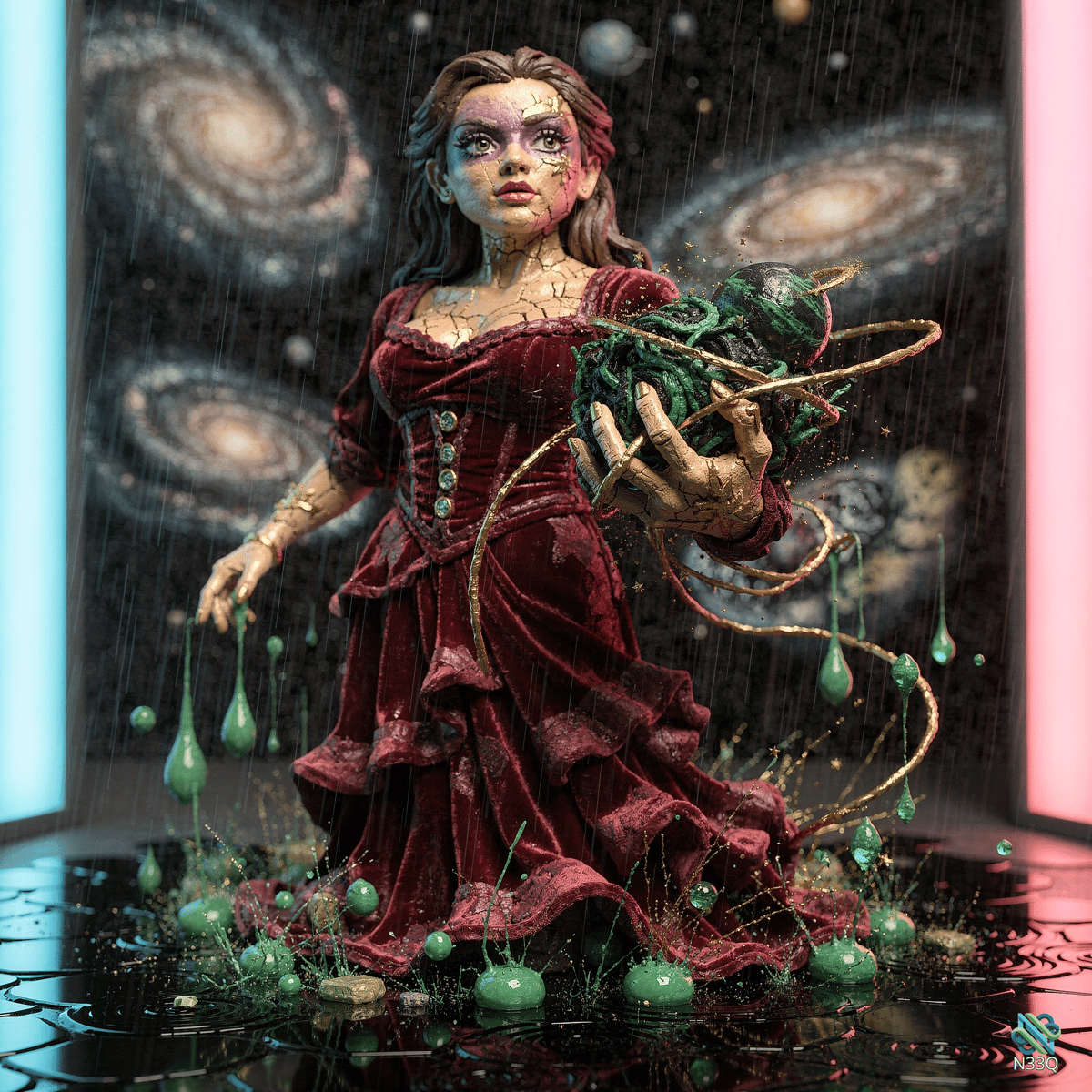 Cracked Woman Holding Ringed Green Planet