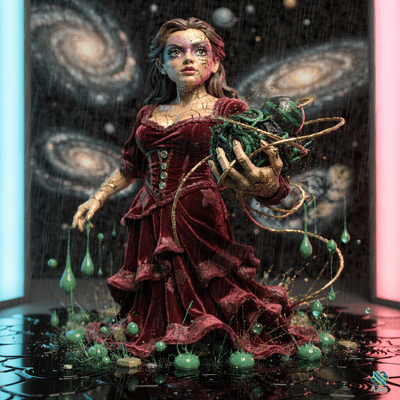 Cracked Woman Holding Ringed Green Planet