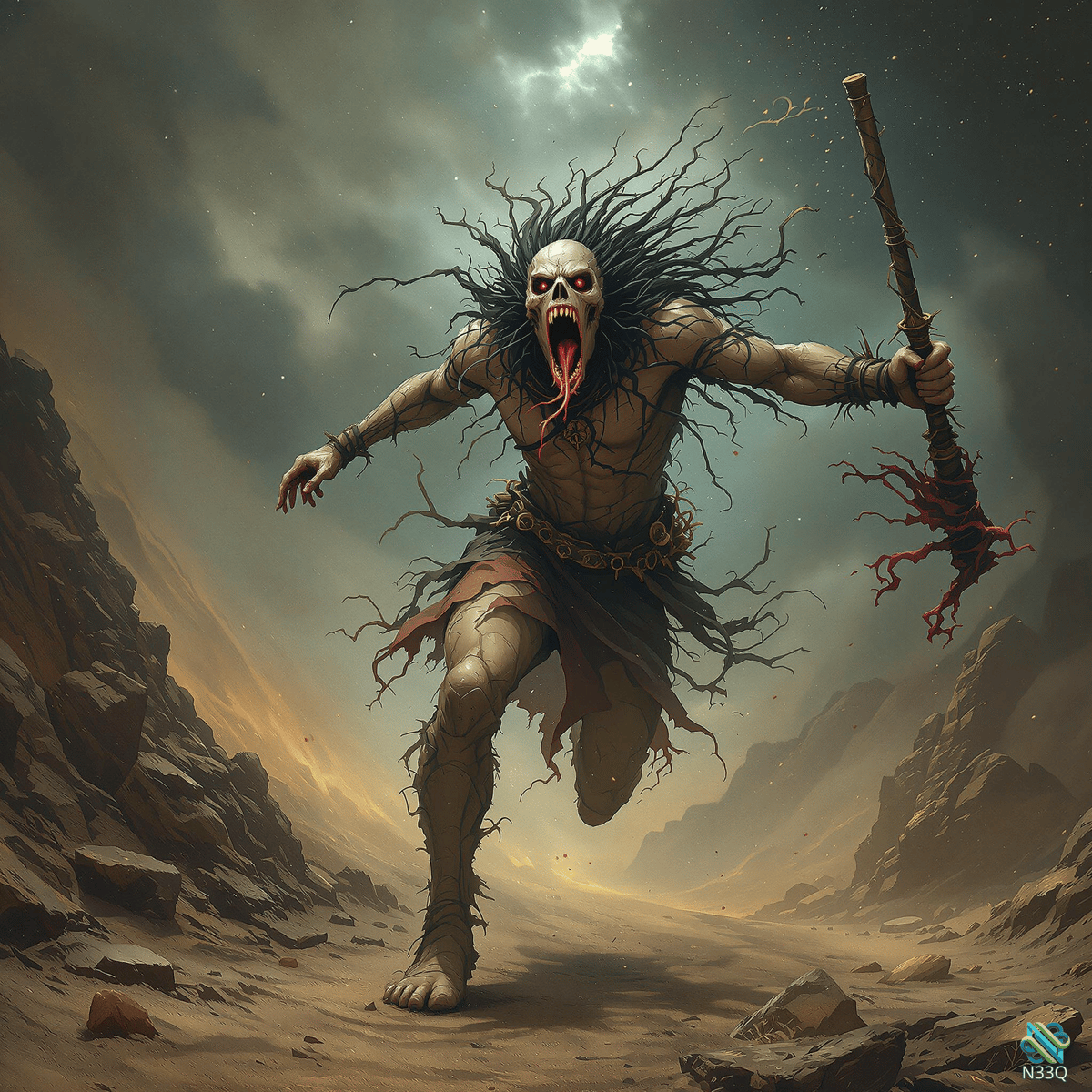 Skeletal Demon Charging Through Canyon