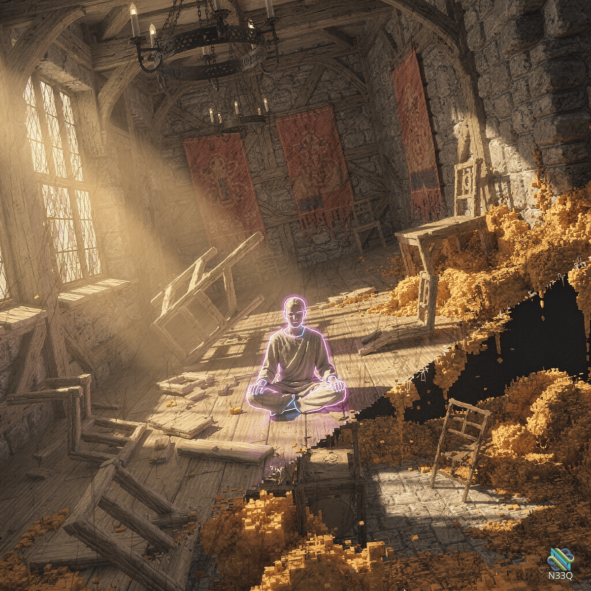 Meditating Figure in Crumbling Stone Hall