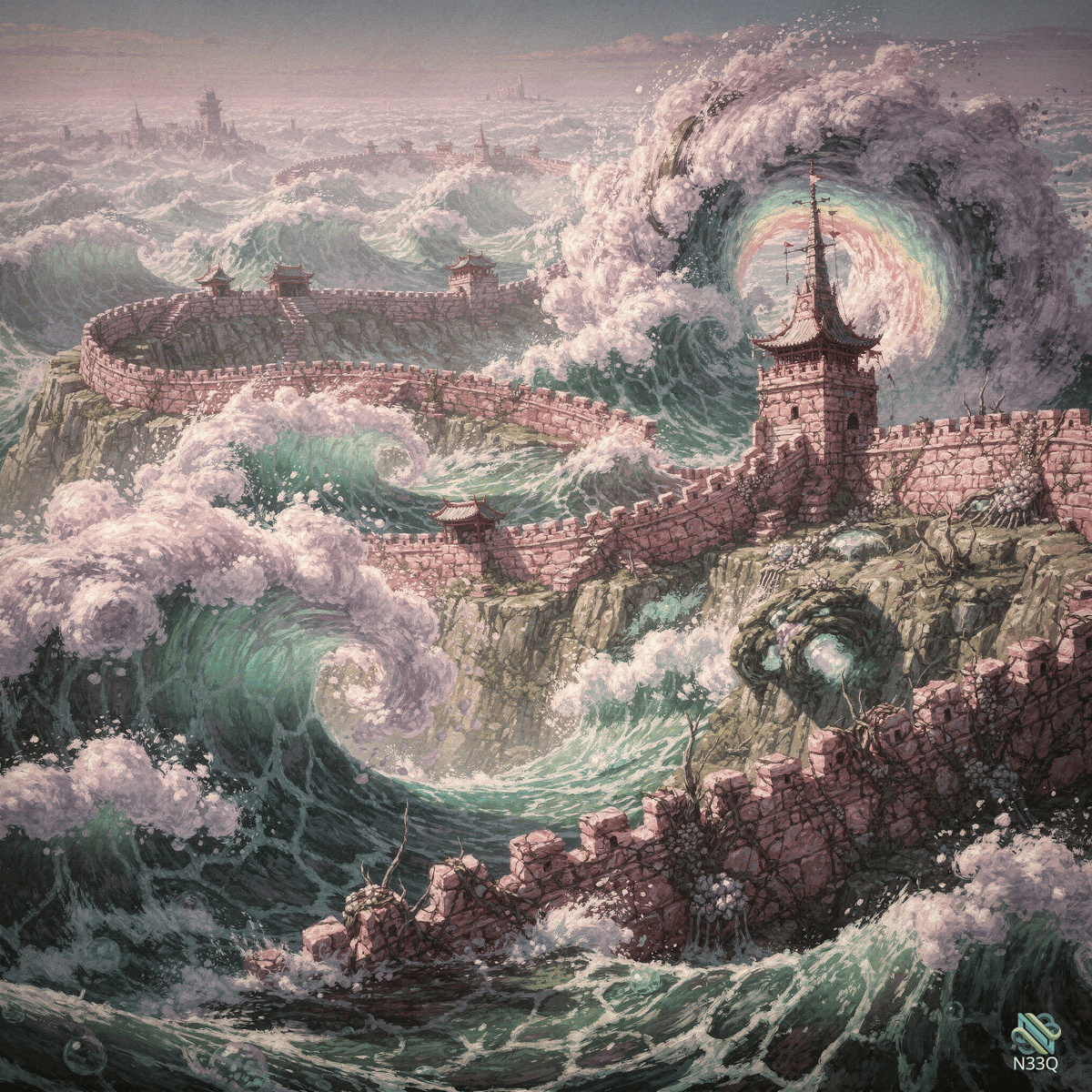 Cliffside Fortress Amid Giant Swirling Waves