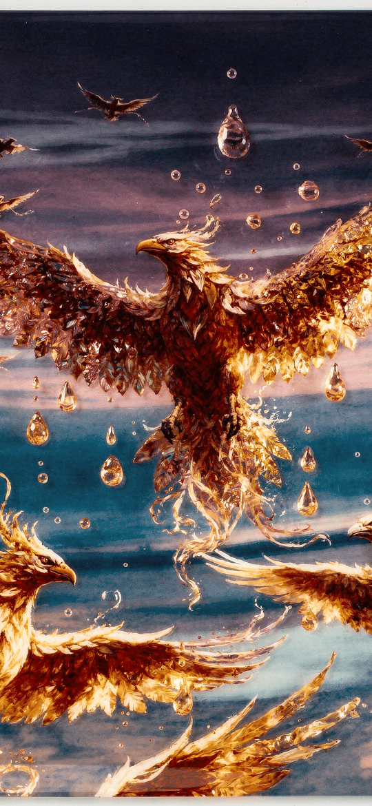 Fiery Golden Phoenixes Rising Through Water Drops