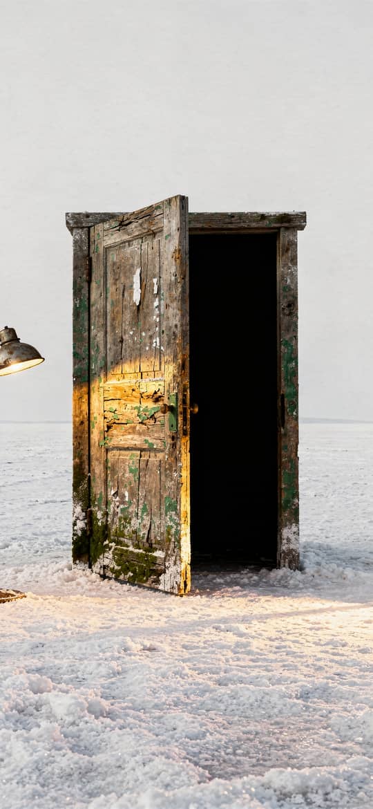 Weathered Door with Lamps in Snow