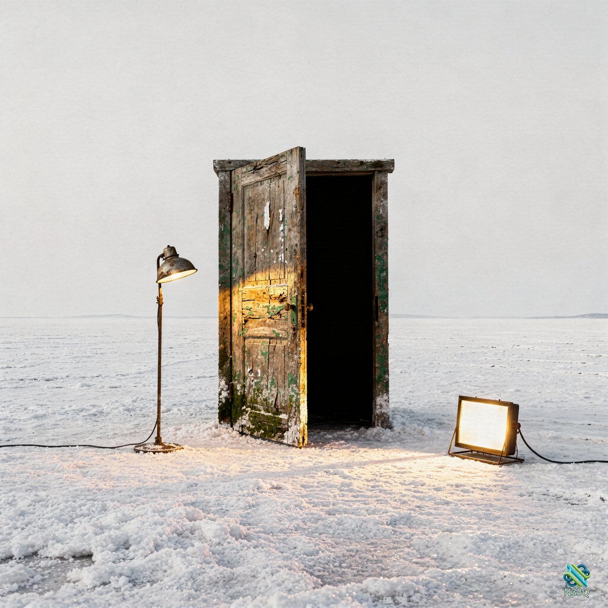 Weathered Door with Lamps in Snow