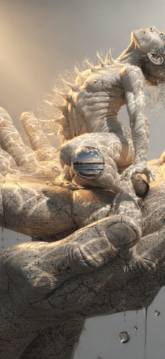 Spiky Creature with Silver Eyes Cradled in Stone Hands