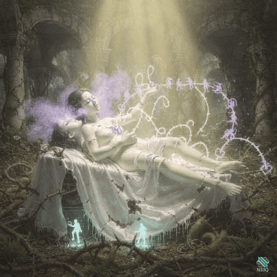 Women Reaching for Glowing Purple Chain in Ruins