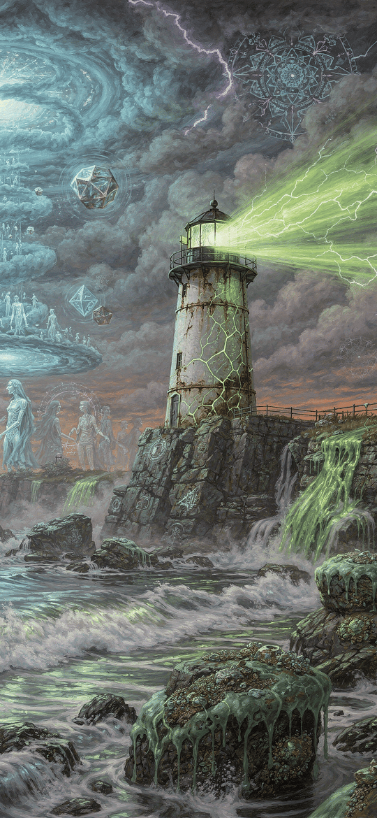 Lighthouse Emitting Green Beam in Storm
