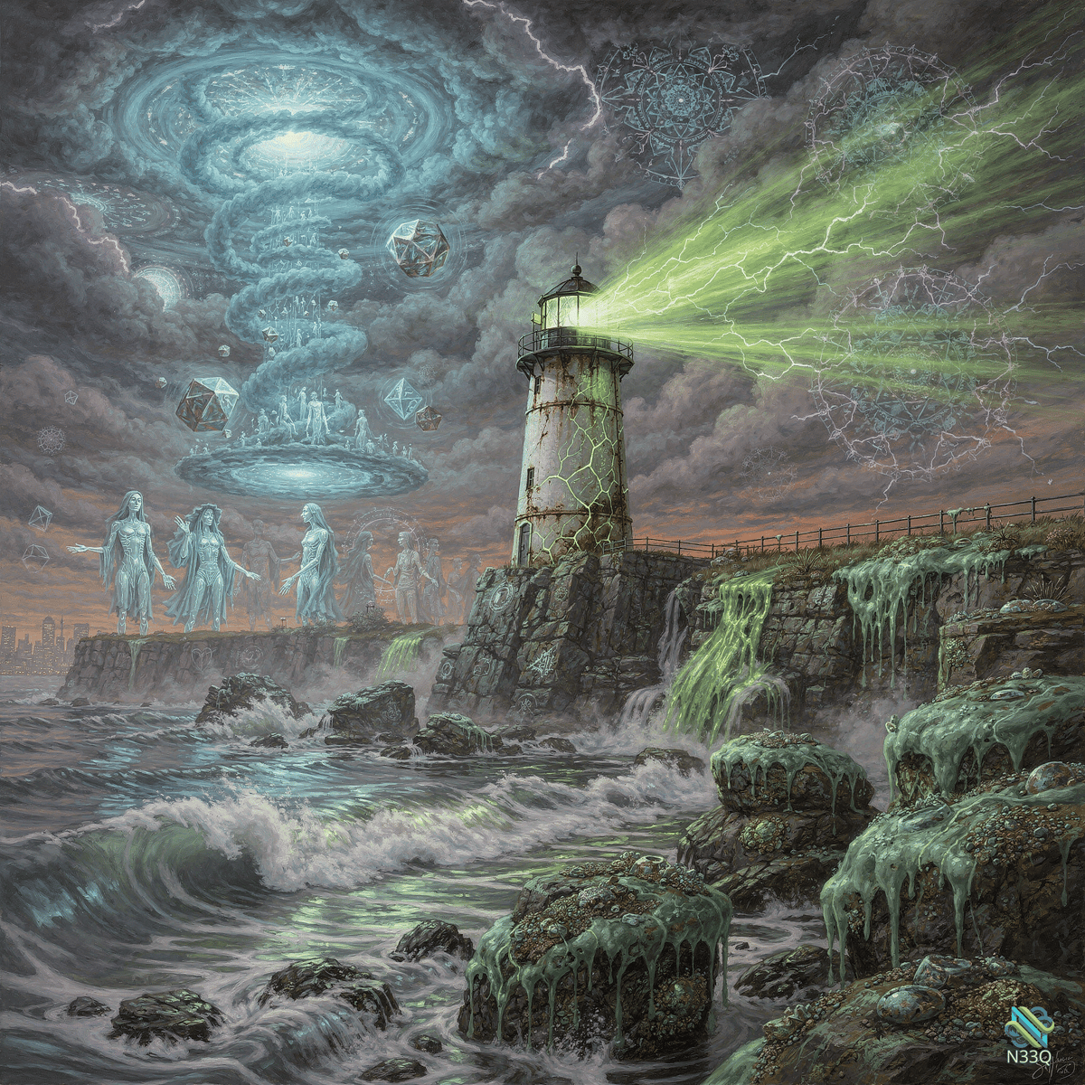 Lighthouse Emitting Green Beam in Storm