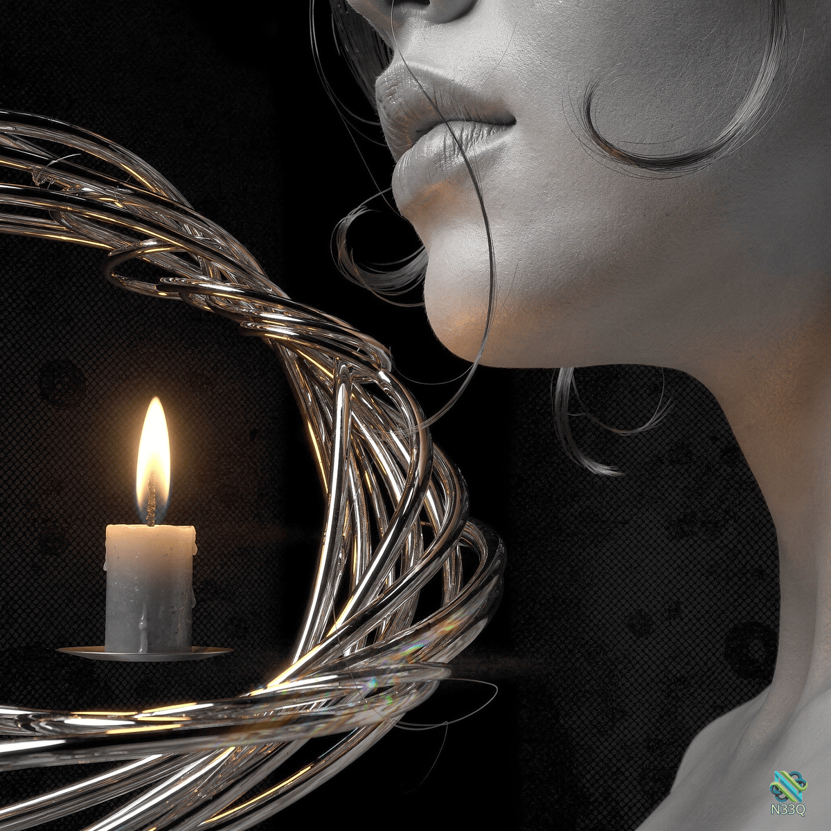 Pale Woman Face with Lit Candle and Metal Swirls