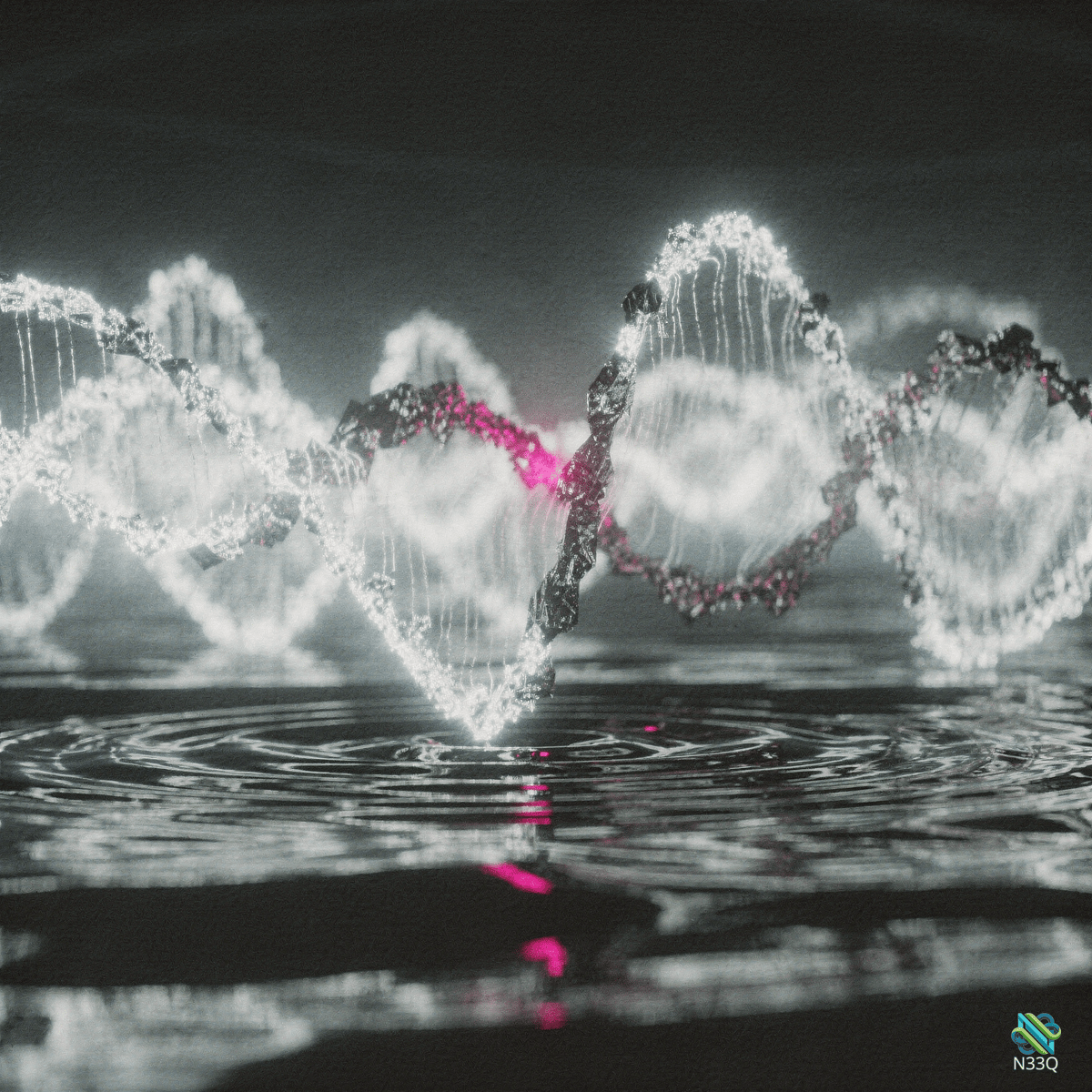 Glowing DNA Helices Over Dark Water