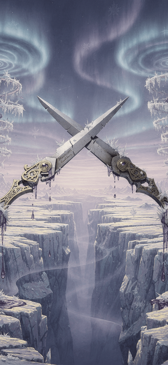 Crossed Icebound Blades Over Frozen Chasm
