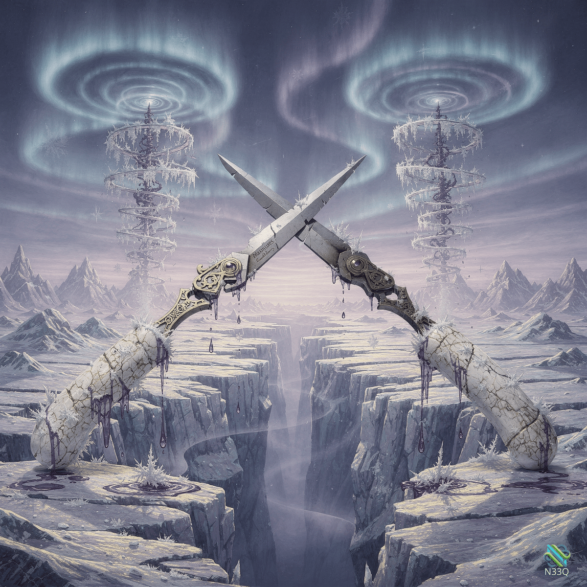 Crossed Icebound Blades Over Frozen Chasm