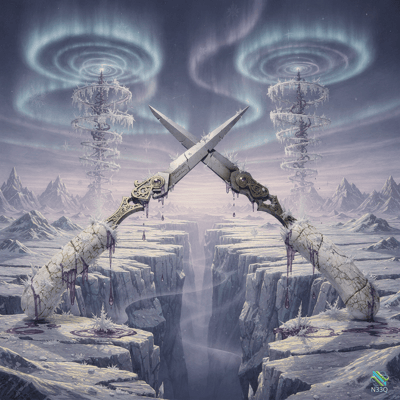 Crossed Icebound Blades Over Frozen Chasm