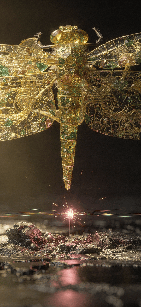 Golden Jewelled Dragonfly Above a Sparkling Shore
