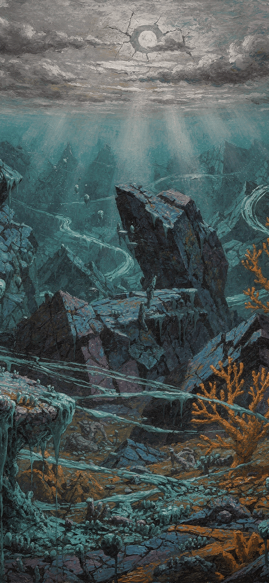Floating Rocks and Coral Under Broken Sky